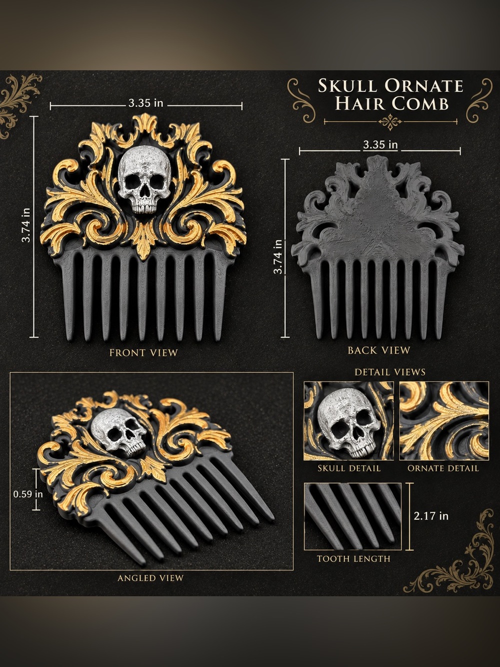 Skull Crest Decorative Hair Comb - Black & Gold - Picture 2 of 4